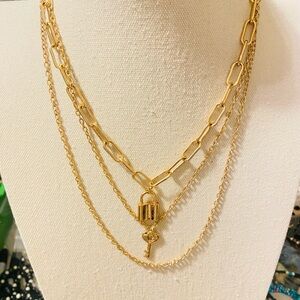 Gold Layered Necklace with Lock and Key Pendant